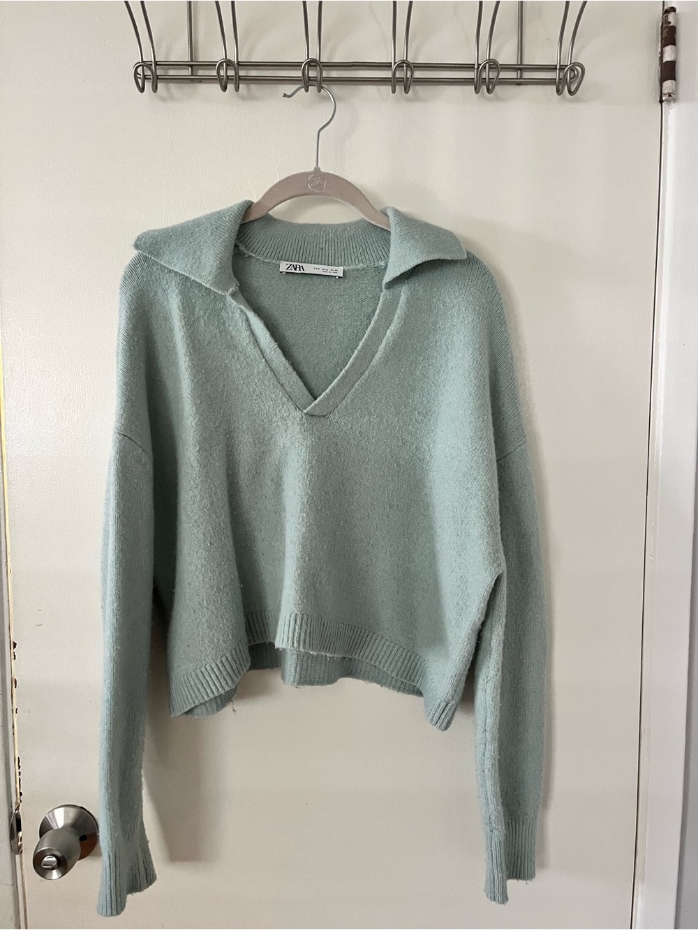 Zara Mint Green V-Neck Cropped Collared Sweater